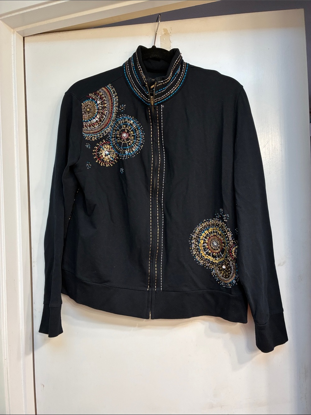 Chico's Zenergy Navy Blue Bomber Jacket with Multicolor Bead Embellishment